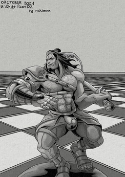 body_hair chess chest_hair orctober_chess_challenge solo rickleone inktober orctober half-orc humanoid orc greyscale hi_res monochrome