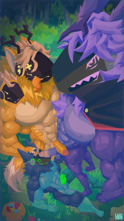 anthro ball_grab balls bulge cape clothing forest forest_background genitals glowing glowing_genitalia glowing_penis grass group hand_on_head high-angle_view holidays horn humanoid_genitalia imminent_sex leaning leaning_backward looking_at_viewer machine male male/male multi_head multicolored_body muscular nature nature_background neck_tuft penis penis_on_face plant pressing_against sitting sitting_on_ground smile smirk spiral spiral_eyes tongue tongue_out tree trio tuft naevus halloween pel_(character) humanoid protogen 4k 9:16 absurd_res full-length_portrait hi_res portrait