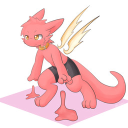 3_toes 4_fingers anthro big_tail bottomwear clothing collar ears_back eyebrows facial_tuft feet fighting_pose fingers floating_wings glistening glistening_clothing male male_anthro orange_collar orange_eyes pink_body pivoted_ears pose shorts simple_background slime solo spandex spandex_shorts spandex_shorts_only tail telekinesis tight_bottomwear tight_clothing tight_shorts toes tuft unusual_anatomy unusual_wings white_background white_wings wings riunamo mythology sling_(riunamo) dragon mythological_creature mythological_scalie scalie 1:1 2018 hi_res