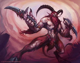 beard dagger facial_hair forest fur hair holding_dagger holding_melee_weapon holding_object holding_weapon hooves horn humanoid_pointy_ears low-angle_view male melee_weapon muscular muscular_male plant pointy_ears red_body red_fur red_hair smile solo standing star tail tree weapon luke_mancini blizzard_entertainment warcraft world_of_warcraft_trading_card_game humanoid satyr 2011 official_art