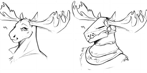 anthro antlers armor clothed clothing female female_anthro headgear heart_symbol helmet horn looking_at_viewer mouth_closed obscured_eyes simple_background solo jezzlen gerry_(mcdoogiy) deer mammal moose new_world_deer bust_portrait hi_res monochrome portrait sketch