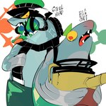 anthro armor clothing duo flat_top green_hair grey_body hair male overalls speckled_body minor_human nintendo splatoon big_shot_(splatoon) fish marine salmonid_(splatoon) steelhead 1:1