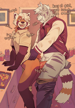 anal anal_penetration anthro anthro_on_anthro anthro_penetrated anthro_penetrating anthro_penetrating_anthro black_body black_fur bodyguard_position bottomless bottomless_anthro bottomless_male bottomwear bottomwear_down brown_body brown_fur clothed clothing collared_shirt countershade_crotch countershade_face countershading duo food from_behind_position fur grey_body grey_fur hair jacket letterman_jacket male male/male male_anthro male_penetrated male_penetrating male_penetrating_male markings moan onomatopoeia open_mouth open_smile pants pants_down partially_clothed partially_clothed_anthro partially_clothed_male penetration penile penile_penetration penis_in_ass pizza pubes public public_sex red_body red_fur ring_(marking) ringed_tail sex shirt smile sound_effects standing standing_sex striped_body striped_fur striped_markings striped_tail stripes tail tail_markings teeth text tongue topwear white_body white_fur white_hair gol1ath jakemi kiga_(jakemi) ailurid felid feline hybrid lynx mammal prehistoric_species red_panda saber-toothed_tiger 2025 chromatic_aberration english_text hi_res