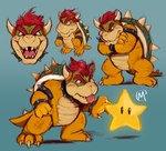 claws crossed_arms hair horn open_mouth red_hair shell simple_background solo teeth toe_claws tongue tongue_out amasc0met mario_bros nintendo bowser koopa scalie starman_(mario) hi_res signature