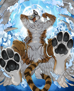 abs anthro beak blue_eyes bubble dipstick_tail feathered_wings feathers feet foot_focus fur low-angle_view male markings nude nude_anthro nude_male open_mouth open_smile orange_body orange_fur pawpads paws smile solo stripes tail tail_markings underwater water white_body white_fur wings worm's-eye_view wintom mythology streifi avian felid gryphon hybrid mammal mythological_avian mythological_creature pantherine tiger 2022 hi_res