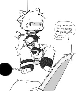 4_ears anal anal_penetration animal_genitalia animal_penis anthro balls bdsm black_clothing bodily_fluids cat_tail clothing dildo dildo_in_ass dildo_insertion duo fur genitals imminent_mutilation kidnapping knife locked male male/male mouth_closed multi_ear object_in_ass penetration penis rope scared sex_toy sex_toy_in_ass sex_toy_insertion tears text torture white_body white_fur bikabe3m felid feline mammal english_text greyscale monochrome sketch
