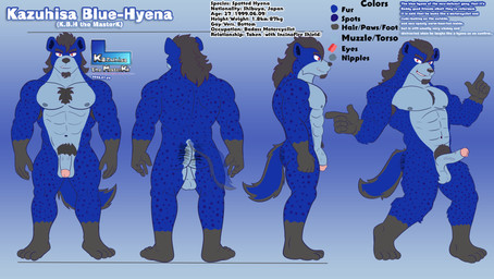 abs anthro beard black_hair blue_body blue_fur body_hair butt butt_hair chest_hair erection facial_hair front_view fur genitals hair looking_at_viewer male muscular muscular_anthro muscular_male pecs penis pubes rear_view red_eyes side_view solo text conditional_dnp kazuhisa_(artist) kemoteto_yakuza_project kazuhisa hyena mammal spotted_hyena 2026 absurd_res english_text hi_res model_sheet