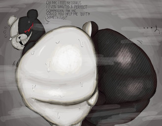 anthro backsack balls big_butt black_body bodily_fluids butt dialogue ellipsis genitals huge_butt looking_at_viewer looking_back looking_back_at_viewer male multicolored_body musk musk_cloud musky_butt solo sweat sweatdrop sweaty_butt tail text white_body lolbear_9 danganronpa spike_chunsoft monokuma bear mammal english_text hi_res