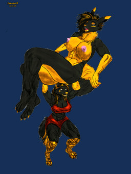 anthro big_breasts black_body bottomwear breasts clothed clothing crop_top digitigrade duo female hair lifting_another lips long_hair muscular muscular_female nipples pink_nipples shirt shorts size_difference thick_lips topwear thebtcfur71 bandai_namco bitcoin digimon miyumi_(foxluciy) toshina_(thebtcfur71) canid canine canis digimon_(species) mammal renamon wolf 3:4 absurd_res alpha_channel hi_res