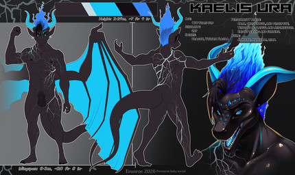 anthro back_wings black_body black_hair black_scales black_sclera blue_eyes blue_fire blue_horn colored_fire fire foreskin genitals hair horn lightning_bolt male penis scales text vein veiny_muscles wings erunroe mythology dragon mythological_creature mythological_scalie scalie bust_portrait english_text model_sheet portrait