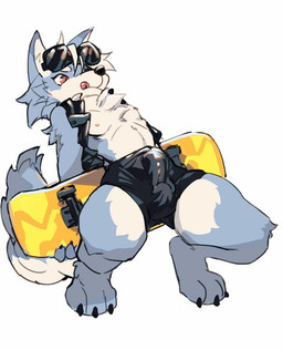 3_toes anthro blue_body blue_fur bottomwear bulge cheek_tuft chest_tuft claws clothed clothing countershade_torso countershading crouching detailed_bulge erection erection_under_clothing eyewear facial_tuft feet fur genital_outline hair holding_object holding_skateboard jacket kemono licking licking_lips licking_own_lips male nipples penis_outline red_eyes self_lick shorts simple_background skateboard solo sunglasses toes tongue tongue_out topwear tuft vehicle white_background white_body white_countershading white_hair dr.kiyo canid canine canis mammal wolf 2020 digital_drawing_(artwork) digital_media_(artwork) full-length_portrait portrait