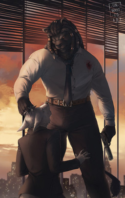 anthro black_body black_fur blood bodily_fluids clothed clothing dreadlocks fur gold_(metal) gold_jewelry grabbing_head gun jewelry male muscular muscular_anthro muscular_male necktie office ranged_weapon size_difference solo weapon unwanted-furart horus_wild felid lion mammal pantherine hi_res