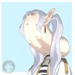 blue_background blue_eyes border clothing ear_piercing ear_ring female hair humanoid_pointy_ears light_body light_skin logo long_face long_hair not_furry piercing pointy_ears ring_piercing simple_background smile solo twintails_(hairstyle) upward_angle what what_has_science_done white_border white_clothing white_hair dragonfetus frieren_beyond_journey's_end frieren_looking_up frieren elf humanoid 1:1 artist_logo hi_res meme