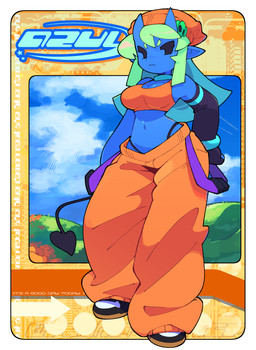 2_horns armwear beanie black_tail blue_body blue_ears blue_horn bottomwear breasts cleavage clothed clothed_female clothed_humanoid clothing crop_top directional_arrow eyebrows female female_humanoid footwear front_view grass green_eyebrows green_hair hair hat head_horn headgear headwear hill horn mouth_closed navel not_furry orange_beanie orange_bottomwear orange_clothing orange_crop_top orange_hat orange_headwear orange_pants orange_shirt orange_topwear oversized_bottomwear oversized_clothing oversized_pants pants plant shirt shoes sky sleeveless_shirt small_waist solo spade_tail tail text thong_straps topwear bacun azul_(bacun) demon demon_humanoid horned_humanoid humanoid 2025 absurd_res digital_media_(artwork) english_text full-length_portrait hi_res portrait