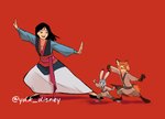 action_pose anthro black_hair clothed clothing female fully_clothed fur grey_body grey_fur group hair long_ears long_hair male orange_body orange_fur pose red_background simple_background smile ydk1226 disney mulan_(1998) zootopia fa_mulan_(disney) judy_hopps nick_wilde canid canine fox human lagomorph leporid mammal rabbit red_fox true_fox 2020 crossover hi_res signature