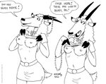 anthro bottomwear breasts clothed clothing clothing_lift dialogue duo female flashing fur hair holidays hooves horn jewelry necklace nipples shirt shirt_lift skirt text topwear tegerio carnival_(holiday) mardi_gras cassandra_(tegerio) dani_(tegerio) antelope bovid mammal 2020 english_text monochrome herm_(lore) sibling_(lore) twins_(lore)