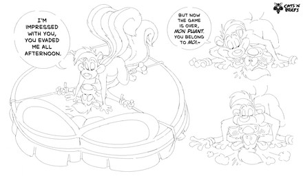 anthro bdsm bedroom_eyes bondage bound duo kissing male male/male narrowed_eyes pinned_to_bed possessive restraints rope rope_bondage seductive tail text toony catsnbriefs looney_tunes warner_brothers mauve_(mauvetoon) pepe_le_pew mammal mephitid skunk digital_media_(artwork) english_text hi_res monochrome