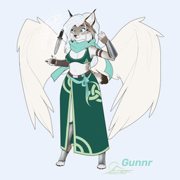 anthro armor belt bobtail bottomwear bra braided_hair clothing dagger ear_tuft female fur green_eyes hair long_hair magic magic_user melee_weapon scarf skirt smile solo spots standing stripes tuft underwear weapon white_body white_fur wings fuzzikayu european_mythology mythology norse_mythology gunnr_(fuzzikayu) felid feline lynx mammal valkyrie absurd_res hi_res