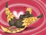 anthro big_breasts big_butt bodily_fluids breasts butt female genital_fluids heart_symbol nipples scales smile solo spread_legs spreading text thick_thighs vaginal_fluids blackbetty mammal pangolin