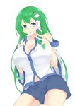 2020 big_breasts blue_eyes bottomwear breasts cleavage clothed clothing female green_hair hair hand_on_breast hi_res human human_only long_hair mammal navel not_furry open_mouth sanae_kochiya simple_background skirt solo t-d touhou white_background