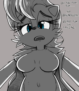 anthro bottomless breasts cheek_tuft clothed clothing detailed_navel dialogue facial_tuft featureless_breasts female front_view hair looking_at_viewer low-angle_view medium_breasts navel open_mouth short_hair simple_background solo text tongue topwear topwear_only tuft vest vest_only jumpjump sega sonic_the_hedgehog_(series) sally_acorn chipmunk ground_squirrel hybrid mammal rodent sciurid tree_squirrel 2025 english_text hi_res spot_color