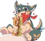 anthro blush duo food food_censorship food_fetish food_play heart_symbol male male/male sandwich_(food) scarf simple_background young young_anthro bl_s21 shin. subway_(restaurant) izuna_(shin.) canid canine canis domestic_dog mammal censored