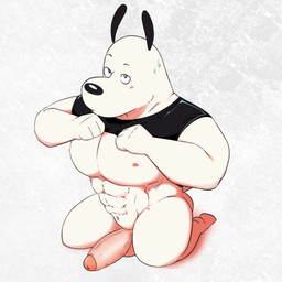 abs anthro balls biceps big_muscles big_pecs big_penis black_nose blush bodily_fluids bottomless clothed clothing erection eyebrows feet fur genital_fluids genitals half-closed_eyes huge_muscles humanoid_genitalia humanoid_penis kneeling long_ears looking_at_viewer male muscular muscular_anthro muscular_arms muscular_male narrowed_eyes nipples nude pecs penis perspective presenting raised_clothing raised_eyebrow raised_shirt raised_tank_top raised_topwear shadow shirt shirt_only simple_background solo sweat tail tank_top tank_top_only thick_thighs topwear topwear_only underwear white_body white_fur yellow_omen nickelodeon t.u.f.f._puppy dudley_puppy canid canine canis domestic_dog mammal 1:1 2025 colored digital_drawing_(artwork) digital_media_(artwork) full-length_portrait hi_res portrait shaded signature