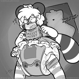 5_fingers ambiguous_gender anthro bib big_diaper black_nose blush blush_lines bodily_fluids button_(fastener) caught_in_the_act clean_diaper clenched_teeth clothed clothing diaper doorway dress duo dutch_angle femboy fingers flying_sweatdrops frilly frilly_clothing frilly_dress grey_background hair legwear lock_symbol locked_diaper locking_diaper_cover low-angle_view markings pattern_clothing pattern_legwear pattern_thigh_highs ring_(marking) ringed_tail round_ears simple_background solo_focus striped_clothing striped_legwear striped_markings striped_tail striped_thigh_highs stripes sweat sweatdrop tail tail_markings teeth text thigh_highs trying_on_clothes wearing_diaper ludis-luteo ashi_(ashizero) background_character ambiguous_species canid canine mammal raccoon_dog tanuki 1:1 2023 absurd_res artist_name greyscale hi_res monochrome signature url