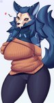 anthro big_breasts biped black_sclera blue_body blue_fur blue_hair bone bottomwear breasts cheek_tuft clothed clothing facial_tuft fangs female fur hair heart_symbol inner_ear_fluff logo looking_at_viewer orange_eyes pants pupils shoulderless_sweater simple_background skull slit_pupils solo standing sweater teeth thick_thighs topwear tuft wide_hips conditional_dnp nexcoyotlgt elvia abyssal_wolf canid canine mammal 135:256 2021 4k absurd_res artist_logo digital_media_(artwork) hi_res portrait shaded three-quarter_portrait