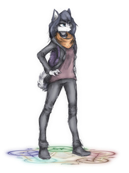 anthro backpack black_hair black_nose blue_eyes bottomwear choker clothing curled_tail eyebrow_through_hair eyebrows female footwear fur grey_body grey_fur hair hands_on_hips jewelry long_hair magic magic_circle necklace pants plantigrade scarf shirt shoes simple_background solo standing tail topwear translucent translucent_hair white_background white_body white_fur tinygaypirate suvi_(tinygaypirate) canid canine canis domestic_dog husky mammal nordic_sled_dog spitz hi_res