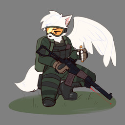 5_fingers anthro armor body_armor boots clothed clothed_anthro clothing ear_piercing eyebrows eyewear feathered_wings feathers fingerless_gloves fingers footwear front_view fur gloves goggles grass green_clothing grey_background gun hair handwear holding_gun holding_object holding_ranged_weapon holding_rifle holding_weapon male piercing plant ranged_weapon rifle shoes simple_background solo tail weapon white_body white_fur white_hair white_tail white_wings wings derpyfox_36 canid mammal 1:1 2023 absurd_res digital_drawing_(artwork) digital_media_(artwork) full-length_portrait hi_res portrait