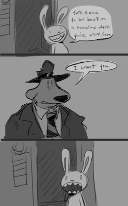 anthro big_snout clothed clothing dialogue duo elevator hat headgear headwear male male/male necktie sharp_teeth shocked speech_bubble suit teeth text wiihtigo sam_and_max max_(sam_and_max) samuel_dog canid canine lagomorph leporid mammal rabbit comic english_text hi_res monochrome