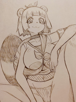 anthro armband asian_clothing bangs big_breasts biped black_nose blunt_bangs breasts clothing collar east_asian_clothing female fishnet_clothing fishnet_topwear fundoshi hair japanese_clothing leaf leaf_on_head looking_at_viewer markings ninja round_ears short_hair smile solo striped_markings striped_tail stripes tail tail_markings topwear underwear warrior curemitsuba vtuber ponpoko canid canine mammal raccoon_dog tanuki 3:4 hi_res monochrome traditional_media_(artwork)
