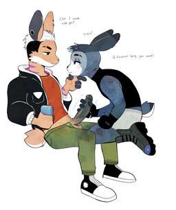 anthro beverage beverage_can blush bodily_fluids boots bottomwear clothed clothing duo ear_piercing erection footwear fur genitals grey_body grey_fur hair handjob handwear jacket male male/male orange_body orange_fur penile penis piercing rose_tattoo scar sex shoes short_tail simple_background smile sneakers stripes sweat tail tattoo text topwear white_hair peonybunny lagomorph leporid mammal rabbit english_text hi_res