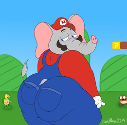 ?_block anthro back_pockets being_watched big_butt blue_eyes blue_sky brick_block bubble_butt butt clothing detailed_background eyes_closed facial_hair grass group half-closed_eyes hat headgear headwear hill looking_at_another looking_at_viewer looking_back male mustache narrowed_eyes overalls plant pockets presenting presenting_hindquarters question_mark rear_view sky spectators surprised tilde_before_text trio watching_from_afar wide_eyed chonkymouse mario_bros nintendo super_mario_bros_wonder elephant_mario mario elephant elephantid mammal proboscidean 2024 digital_media_(artwork) hi_res signature