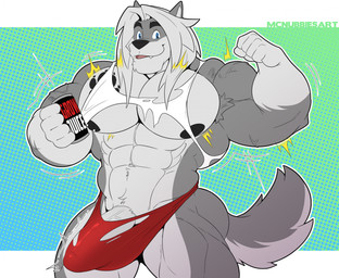 abs after_exercise anthro armpit_showing beverage beverage_can big_muscles big_pecs black_nipples blep chest_tattoo clothing erection erection_through_clothing erection_under_clothing flexing flexing_bicep footprint fur genitals grey_body grey_fur growth hair holding_object humanoid_genitalia humanoid_penis juice_(beverage) long_hair looking_at_viewer male muscle_growth muscular muscular_male nipple_piercing nipples pawprint pawprint_tattoo pecs penis piercing small_shirt solo supplement tattoo tongue tongue_out torn_clothing white_body white_fur white_hair mcnubbies mac_b._howlin canid canine canis mammal wolf hi_res