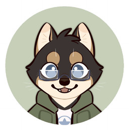 anthro black_body black_fur black_nose blue_eyes brown_body brown_fur cheek_tuft clothed clothing eyewear facial_tuft fangs front_view fur glasses glistening glistening_eyes green_clothing green_jacket green_topwear head_tuft jacket looking_at_viewer male open_mouth rectangular_glasses simple_background solo teeth topwear tuft unsigned white_body white_clothing white_fur white_topwear asnnonaka kyle_(asnnonaka) canid canine canis domestic_dog mammal bust_portrait portrait