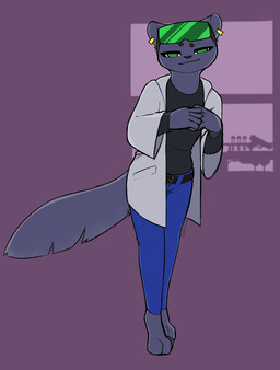 anthro barefoot black_clothing black_shirt black_topwear blue_bottomwear blue_clothing blue_pants bottomwear clothed clothing ear_piercing eyewear eyewear_on_head feet female front_view green_eyes jacket looking_at_viewer pants piercing shirt smile solo standing sunglasses sunglasses_on_head topwear white_clothing white_jacket white_topwear eggnog_(artist) brand_new_animal studio_trigger marie_itami mammal mink mustelid musteline true_musteline 2023 full-length_portrait hi_res portrait