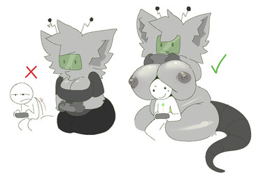 antennae_(anatomy) anthro areola between_legs big_breasts breasts clothing controller duo electronics female for_a_head game_controller grey_body huge_breasts long_tail male nipples nude overweight overweight_anthro overweight_female screen screen_face sitting size_difference tail television thick_thighs under_breasts wide_hips snazzle_snapp correct_gaming_posture anon american_opossum human hybrid mammal marsupial object_head screen_head tv_head 2026 digital_drawing_(artwork) digital_media_(artwork) english_description