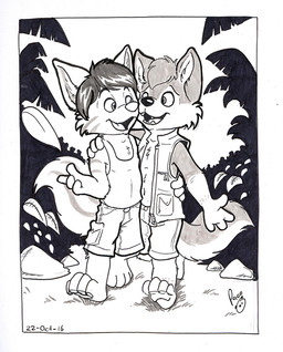 anthro bottomwear cheek_tuft clothed clothing duo facial_tuft fangs fur glistening glistening_eyes glistening_nose grass hair hug leaf logo male male_anthro markings navel open_clothing open_mouth open_smile open_topwear open_vest outside plant rock short_hair shorts smile standing striped_arms striped_body striped_fur striped_markings striped_tail stripes tail tail_markings teeth tongue topwear tuft vest young young_anthro young_male pandapaco canid canine mammal 2016 artist_logo dated signature