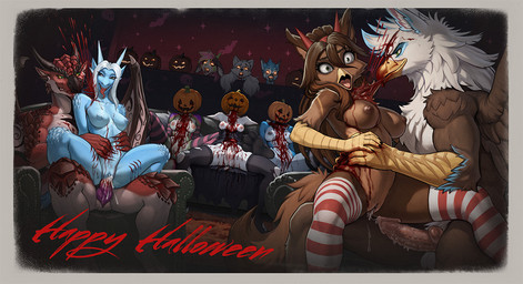 3_toes animal_genitalia animal_penis anthro areola armwear balls beak blood blood_splatter bodily_fluids bottomless bottomless_anthro bottomless_female breasts chair chair_position claw_marks claws clitoral_hood clothed clothing cum cum_from_vagina cum_in_vagina cum_inside cum_on_penis cum_string cumshot death decapitation ejaculation erection feathers feet female female_anthro female_penetrated from_behind_position fur furniture genital_fluids genitals gore group hair holidays horn imminent_death jack-o'-lantern killing leaking_cum legwear looking_pleasured male male/female male_penetrating male_penetrating_female mature_anthro mature_female membrane_(anatomy) membranous_wings nipples nude open_beak open_mouth orgasm penetration penile penile_penetration penile_spines penis pose severed_body_part severed_head sex sitting slit_penis slit_throat smile snuff spread_legs spreading stockings tail teeth text toe_claws toes tongue topwear vaginal vaginal_penetration vulva wings conquistabear halloween mythology jpogunnr accipitrid accipitriform avian bird canid canine canis deer dragon eagle mammal mythological_creature mythological_scalie scalie wolf colored detailed digital_drawing_(artwork) digital_media_(artwork) english_text