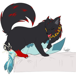 69_position animal_genitalia animal_penis balls bed big_balls black_body black_fur blue_blush blue_body blue_fur blue_pawpads blush bodily_fluids canine_genitalia canine_penis chain collar cum cum_in_mouth cum_inside deep_throat duo excessive_cum excessive_genital_fluids eyes_closed feral fluffy fluffy_tail fur furniture genital_fluids genitals gold_(metal) gold_chain knotting leg_markings looking_back looking_pleasured lying male male/male male_on_bottom male_on_top markings narrowed_eyes on_back on_bottom on_top oral oral_knotting oral_penetration pawpads penetration penis sex sheath simple_background size_difference socks_(marking) squint tail tongue tongue_out cyber_comet nintendo pokemon artyom_(thebonemaker) black_the_wolf canid canine canis eeveelution generation_4_pokemon glaceon mammal pokemon_(species) wolf 1:1 absurd_res hi_res