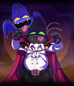 4_fingers anthro black_body black_fur blue_body cape clothing duo fancy_clothing female fingers fur green_eyes heart_symbol holidays looking_at_viewer male membrane_(anatomy) membranous_wings pawpads shortstack shortstack_male tongue tongue_out vampire_costume whiskers wings yellow_eyes young astralkettei cartoon_network halloween mao_mao:_heroes_of_pure_heart adorabat sheriff_mao_mao_mao bat domestic_cat felid feline felis mammal 2025 absurd_res colored digital_media_(artwork) hi_res portrait