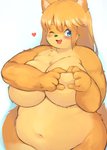 5_fingers anthro belly big_belly big_breasts blonde_hair blue_eyes blush breasts featureless_breasts female fingers fur gesture hair heart_gesture heart_symbol huge_breasts kemono long_hair navel nude obese obese_anthro obese_female one_eye_closed open_mouth oppai_heart overweight overweight_anthro overweight_female simple_background smile solo white_background wide_hips yellow_body yellow_fur akitaka canid canine mammal hi_res portrait three-quarter_portrait