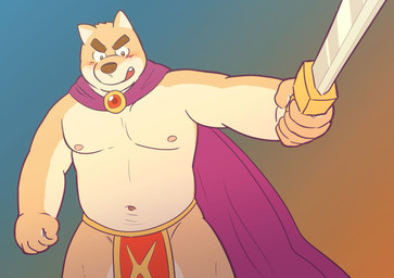 anthro belly blush bottomwear cape clothing humanoid_hands kemono loincloth male melee_weapon moobs navel nipples overweight overweight_male solo sword weapon kick_(artist) canid canine canis domestic_dog mammal 2015