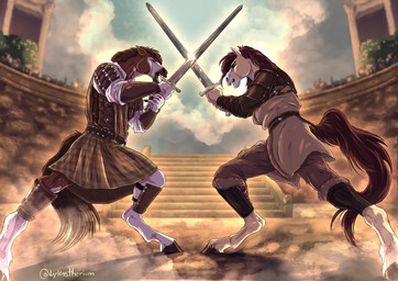 anthro armor biped clothing duo fantasy fight fur hair holding_object holding_weapon low-angle_view male male_anthro medieval medieval_armor medieval_clothing medieval_fantasy melee_weapon muscular side_view standing sword swordfight swordfighting tail warrior weapon lykostherium broderick_longshanks gray_mccolt equid equine horse mammal absurd_res digital_media_(artwork) hi_res