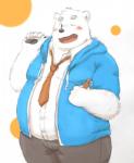 anthro belly blush bottomwear clothed clothing fully_clothed fur hoodie humanoid_hands male necktie one_eye_closed overweight overweight_anthro overweight_male pants shirt solo topwear white_body white_fur wink maron2475 utau shirane_kan bear mammal polar_bear ursine 2018 hi_res