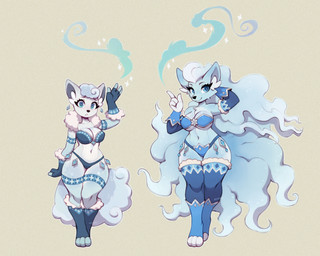 anthro anthrofied big_breasts blue_body blue_eyes blue_fur blue_hair blush breasts clothing duo female female_anthro fur hair holding_object legwear looking_at_viewer magic_user navel panties paws pokemorph simple_background tail underwear asimos nintendo pokemon alolan_form alolan_ninetales alolan_vulpix canid canine generation_7_pokemon mammal pokemon_(species) regional_form_(pokemon) 5:4 hi_res