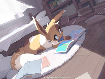 ambiguous_gender bed bedroom book bookshelf brown_body brown_fur carpet closed_book curtains detailed_background eyewear feral fur furniture glasses graphic_novel heart_spots inside kerchief mane markings open_book pillow reading reading_book rectangular_glasses rug solo spots spotted_body spotted_fur tan_body tan_fur toy_block wearing_glasses olyester nintendo pokemon eevee generation_1_pokemon pokemon_(species) 2025 digital_media_(artwork) digital_painting_(artwork) painting_(artwork) shaded signature