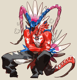 anthro athletic athletic_anthro athletic_male biped clothed clothing eyes_closed male solo tongue tongue_out topless topless_anthro topless_male rkrekrnl1 nintendo pokemon ancient_pokemon apex_build_koraidon generation_9_pokemon koraidon legendary_pokemon paradox_pokemon pokemon_(species) 2026 colored hi_res